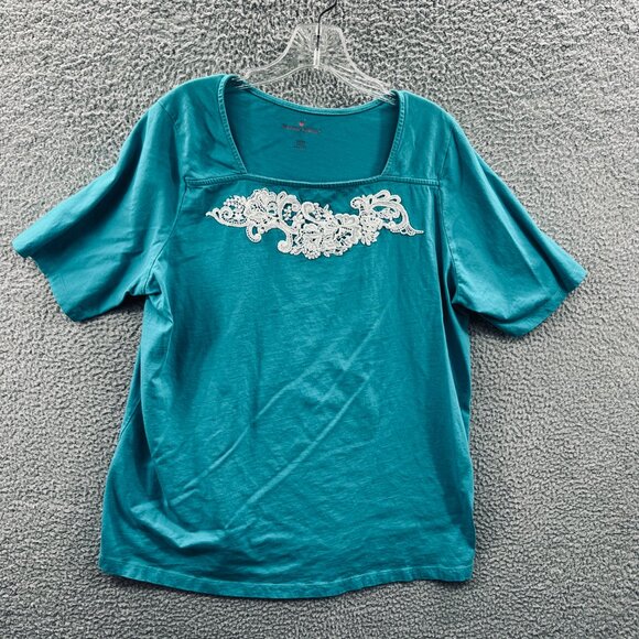 Woman Within Womens Top Large 18/20 Turquoise Blue White Short Sleeve Shirt - Picture 1 of 8